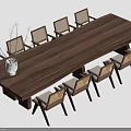 Dark Wooden Dining Table Surrounded By Light Wooden Chairs White Vase Dried Branches