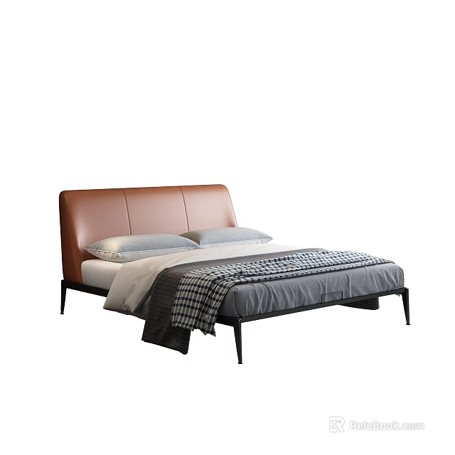 Modern Double Bed With Brown Leather Headboard Black Frame And Checkered Blanket 3d model