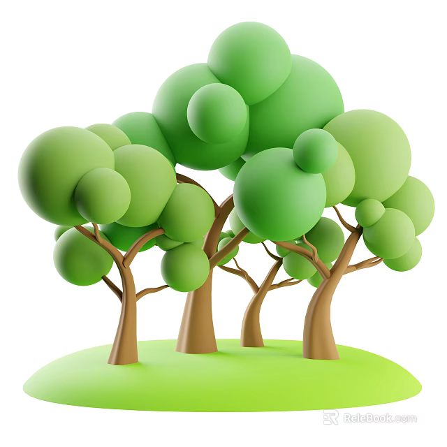 3D Rendered Green Arbors With Round Green Leaves And Brown Trunks On Green Grassland 3d model 