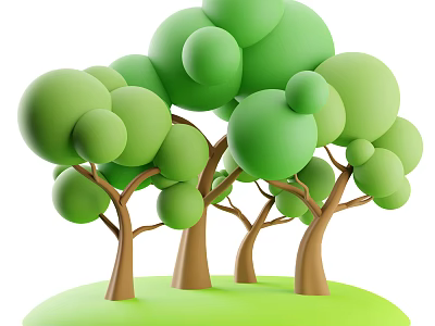 3D Rendered Green Arbors With Round Green Leaves And Brown Trunks On Green Grassland 3d model