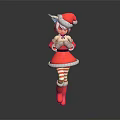 Game Anime Character In Red Christmas Costume With Cat Ears White Trim And Striped Stockings