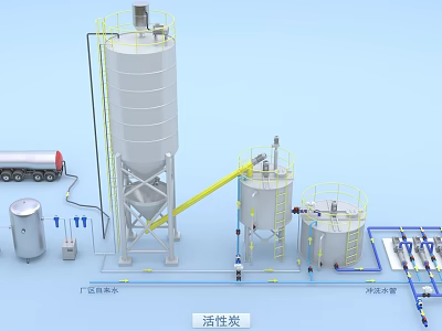 Industrial Activated Carbon Processing Equipment With Storage Tanks Piping And Truck 3d model