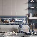 Modern Elegant Kids Room With Gray Walls Blue Accents Bed Desk Toys Rug And Chandelier