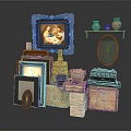 Vintage Household Items Display With Ceramic Vases Photo Frames Bowls And Wooden Cabinets