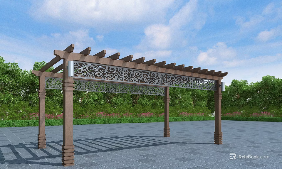 Outdoor Wooden Pergola Featuring Intricate Carvings Surrounded By Greenery And Stone Pavement 3d model 