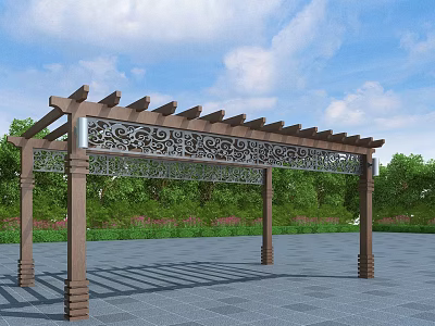 Outdoor Wooden Pergola Featuring Intricate Carvings Surrounded By Greenery And Stone Pavement 3d model