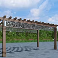 Outdoor Wooden Pergola Featuring Intricate Carvings Surrounded By Greenery And Stone Pavement