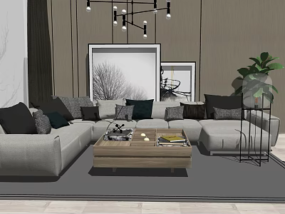 Gray Multi Seater Sofa With Colored Cushions Wooden Coffee Table Wall Artwork And Potted Plant 3d model