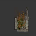 Stone Scene Structure With Brick Wall Balustrade Platform Spire Like Top And Plant Decoration