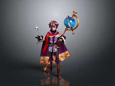 Man In Purple Outfit With Red Cape Holding Blue Orb And Star Staff 3d model
