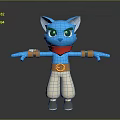 Blue 3D Cartoon Cat Character Design With Red Scarf Yellow Belt White Pants