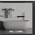 Modern Freestanding White Bathtub With Black Faucet Shower Fixture And Grey Towels On Rack