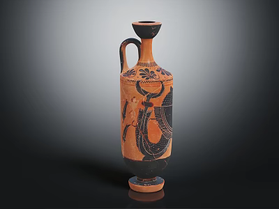 Tall Ancient Style Ceramic Vessel With Orange Black Decorative Patterns And Handle 3d model