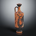 Tall Ancient Style Ceramic Vessel With Orange Black Decorative Patterns And Handle