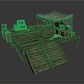 Rustic Wooden Platform With Stairs Canopy Crates And Cage Structure 3d model