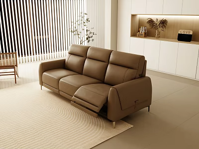 Modern Living Room Brown Leather Three-Seater Sofa With Light Rug White Cabinets And Plants 3d model