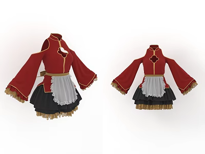 Red Traditional Dress With Long Sleeves Black Skirt Gray Apron And Gold Trim 3d model