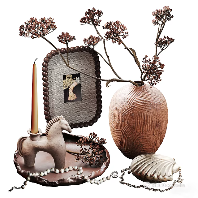 Elegant Plate Decoration With Ceramic Vase Dried Flowers Candle And Horse Figurine 3d model 