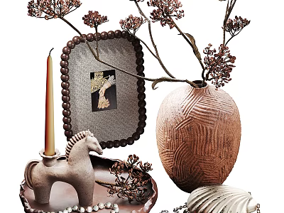 Elegant Plate Decoration With Ceramic Vase Dried Flowers Candle And Horse Figurine 3d model