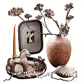Elegant Plate Decoration With Ceramic Vase Dried Flowers Candle And Horse Figurine