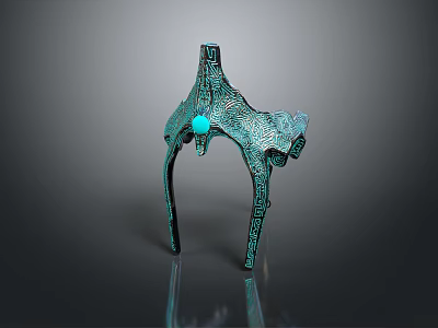 Unique Green Metal Brooch With Intricate Patterns And Blue Gemstone Center 3d model