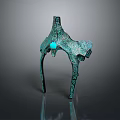 Unique Green Metal Brooch With Intricate Patterns And Blue Gemstone Center