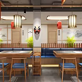 Traditional Hot Pot Restaurant Interior With Red Lanterns Cherry Blossom Decorations And Bar Counter