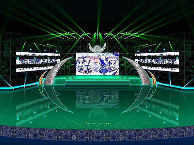Grand Performance Stage Featuring Green Lighting Large Screens Arched Structures and Reflective Floor 3d model