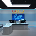 Modern Public Office Space With Circular Conference Table Blue Background Wall News Screen And Lighting