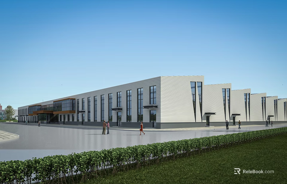 Modern Industrial Factory Building Exterior With Glass Windows White Walls Spacious Square And Green Lawn 3d model 