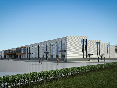 Modern Industrial Factory Building Exterior With Glass Windows White Walls Spacious Square And Green Lawn 3d model