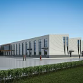 Modern Industrial Factory Building Exterior With Glass Windows White Walls Spacious Square And Green Lawn