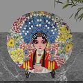 Round Decorative Ornament Set with Peking Opera Mask Floral Design on Marble and Green Plant