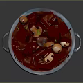 Delicious Warm Red Soup in Blue Ceramic Pot with Tofu Chestnuts and Mushrooms