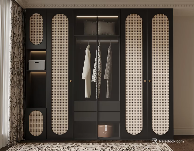 Modern Black Wardrobe With Glass Door Hanging Clothes And Storage Drawers 3d model 
