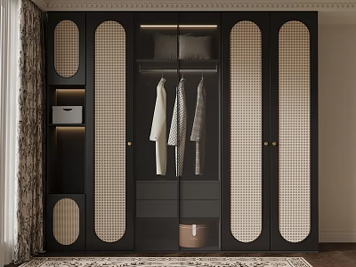 Modern Black Wardrobe With Glass Door Hanging Clothes And Storage Drawers 3d model