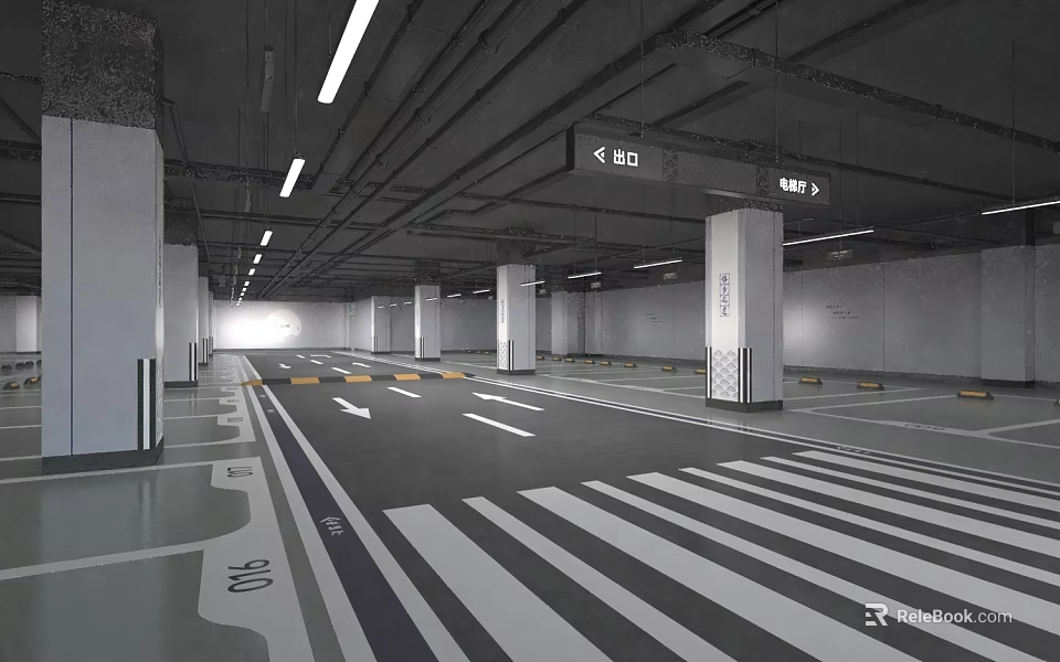 Spacious Indoor Parking Garage With Clear Lane Markings Structural Columns And Signs 3d model 