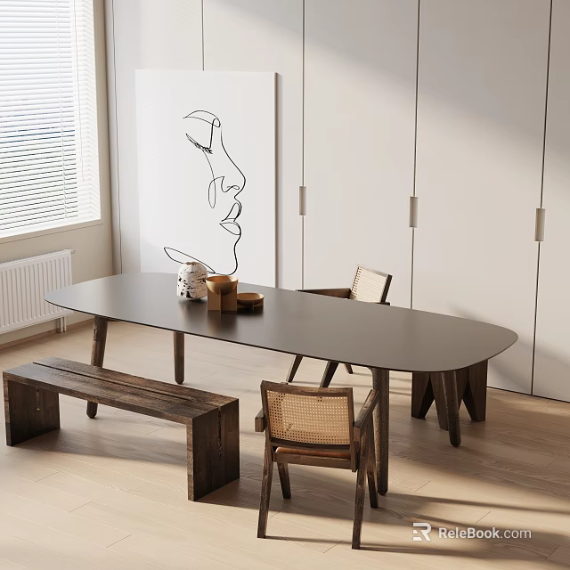 Modern Dark Dining Table Set With Wicker Chairs Wooden Bench And Wall Art 3d model 