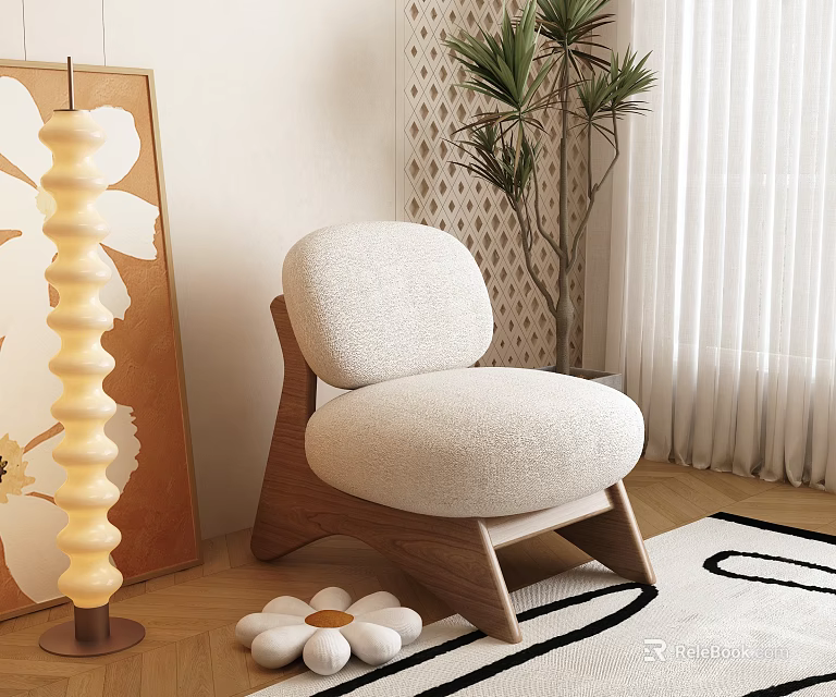 Cozy Beige Single-seater Sofa With Plush Upholstery Wooden Legs Green Plant Floor Lamp And Curtains 3d model 