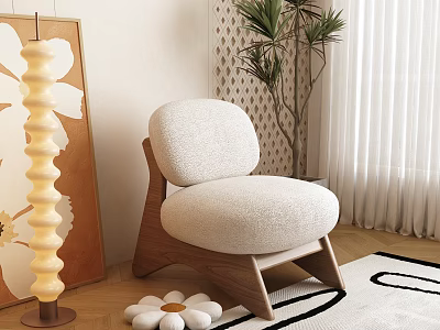 Cozy Beige Single-seater Sofa With Plush Upholstery Wooden Legs Green Plant Floor Lamp And Curtains 3d model