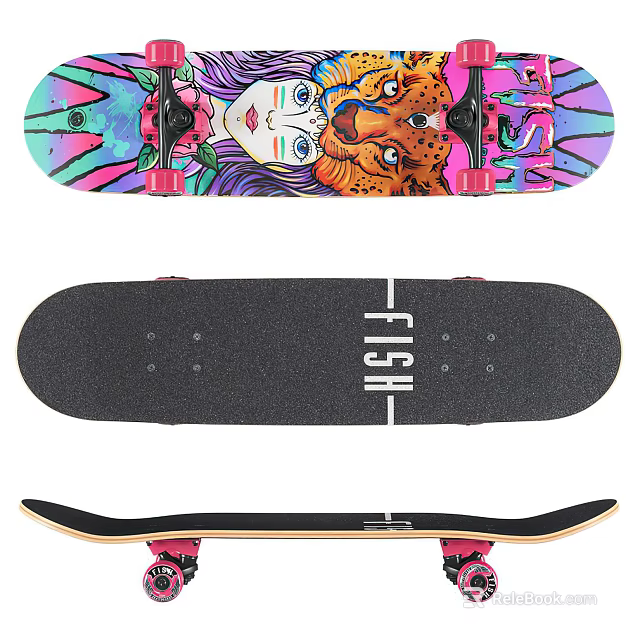 Colorful Graphic Skateboard With Black Deck FISH Logo And Complete Wheels 3d model 