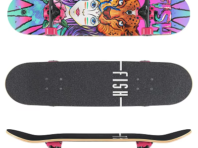 Colorful Graphic Skateboard With Black Deck FISH Logo And Complete Wheels 3d model