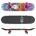 Colorful Graphic Skateboard With Black Deck FISH Logo And Complete Wheels