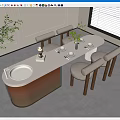 Modern Minimalist Table Chair Set With Round White Table Wooden Legs Upholstered Seats Green Plants