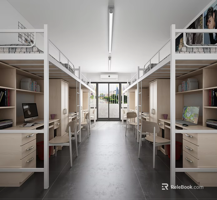 Dormitory Room Interior With Bunk Beds Wooden Desks Bookshelves Central Corridor And Window 3d model 