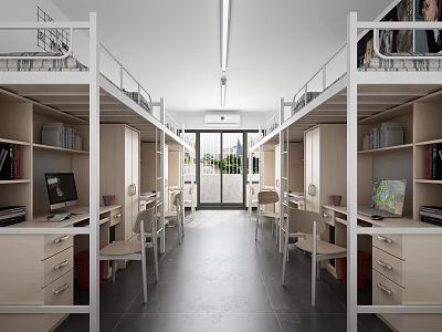 Dormitory Room Interior With Bunk Beds Wooden Desks Bookshelves Central Corridor And Window 3d model