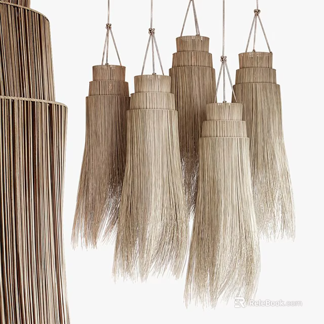 Natural Rattan Chandeliers Hanging Layered Design With Light Brown Fringe For Home Decor 3d model 