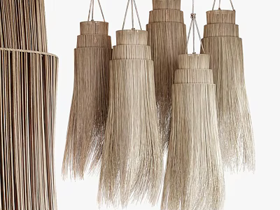 Natural Rattan Chandeliers Hanging Layered Design With Light Brown Fringe For Home Decor 3d model