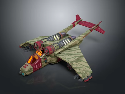Camouflage Military Aircraft With Red Tail Twin Engines And Futuristic Mechanical Details 3d model