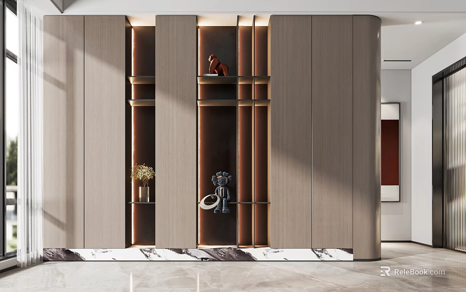 Modern Entryway Hallway Interior Design With Built in Cabinets Decorative Items And Lighting 3d model 